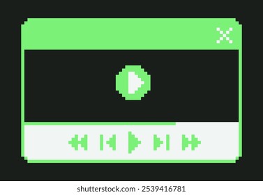 Interfaz de usuario de la ventana del reproductor de música retro de Pixel Art. Video Audio, medios, widget de reproductor con barra de duración de la canción. Elemento de diseño retro de 8 bits UI para App de música. Pausa, juega, salta Botones. Ilustración vectorial