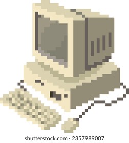 Pixel art retro personal computer. Vintage cpu with analog monitor, keyboard and mouse.