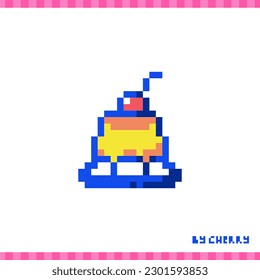 Pixel art retro Pudding Flan. 90s 8bit style illustration of dessert sweet cake with cherry on a top. Cute pixel art food sticker or game element.