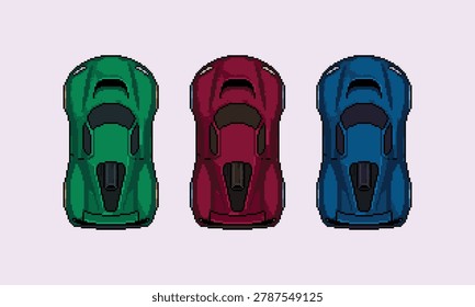 Pixel art of retro racing game vehicles set featuring top down view sports cars in green, red, and blue colors.