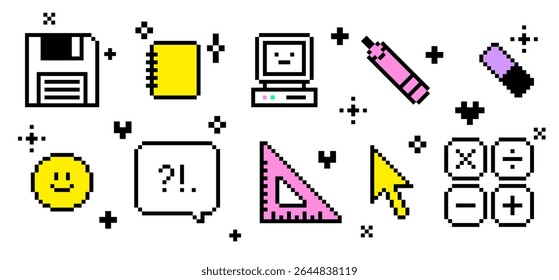 Pixel art retro study supplies set. 8 bit old school themed isolated colorful vector elements on white. Retro personal computer icon, calculator, triangle, smile for back to school digital design
