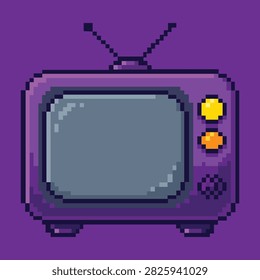 Pixel art retro television with an antenna and control buttons representing vintage broadcasting entertainment, media technology and video programs at home.