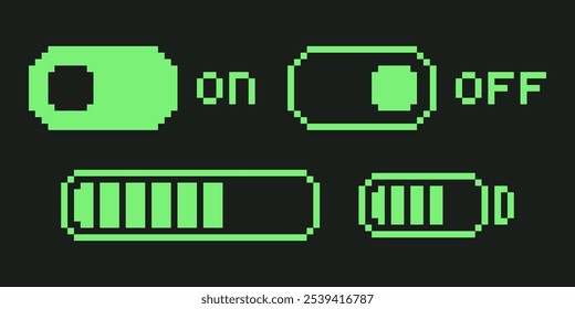 Pixel art retro toggle switch and battery charge indicator icons set. Y2K computer interface elements collection. 8-bit acid green accumulator level. Turn on and off mode buttons. Vector illustration.