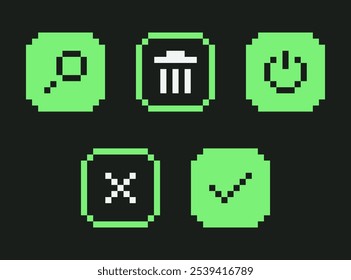 Conjunto de botões de IU Retro Pixel Art. Coleção de ícones da interface do computador Y2K. Elementos de design de PC verde ácido de 8 bits. Botões Pesquisar, lixeira, ligar, fechar e marca de seleção. Ilustração vetorial.