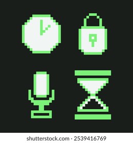 Pixel Art Retro UI icons collection. Y2K computer interface elements set. 8-bit acid green clock watch, safety lock, audio recording microphone and sand hourglass symbol. Vector illustration.