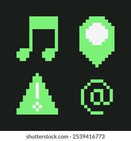 Pixel Art Retro UI icons collection. Y2K computer interface elements set. 8-bit acid green music note, geolocation map pin, at address sign and error triangle alert symbol. Vector illustration.