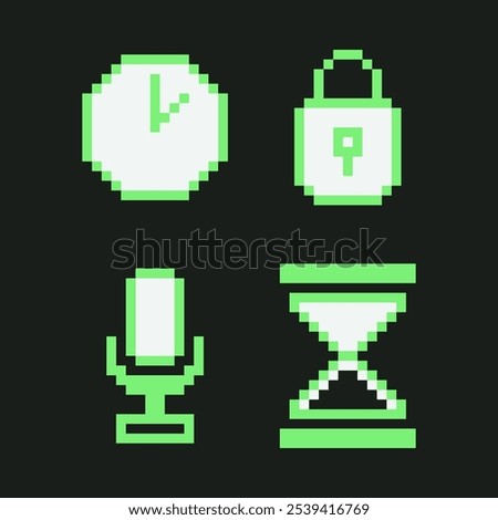Pixel Art Retro UI icons collection. Y2K computer interface elements set. 8-bit acid green clock watch, safety lock, audio recording microphone and sand hourglass symbol. Vector illustration.