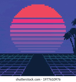 Pixel Art Retro Wave Sci-Fi Background With Sunrise Or Sunset. Pixel Art 80s. Pixel Art 8bit Game