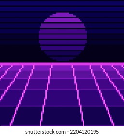 Pixel Art Retro Wave Sci-Fi Background With Sunrise Or Sunset. Pixel Art 80s. Pixel Art 8bit Game