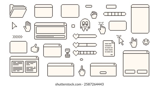 Pixel art retro windows interface. 8 bit text boxes with pointers cursors, arrow and sparkles. Rectangle and round frames. in retro 90s style. Digital message borders. Vector set illustration.