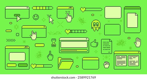 Pixel art retro windows interface. 8 bit text boxes with pointers cursors, arrow and sparkles. Rectangle frames in retro 90s pixel style. Digital message borders. Vector set illustration.