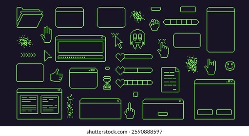 Pixel art retro windows interface. 8 bit text boxes with pointers cursors, arrow and sparkles. Green stroke console folder, digital document in retro 80s style. Vector set illustration.
