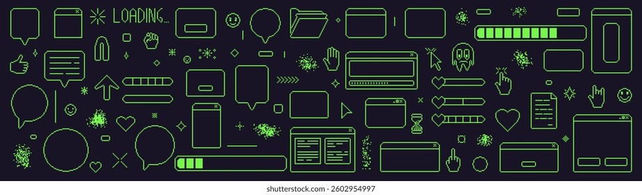 Pixel art retro windows interface. 8 bit text boxes with loading, cursors, arrow. Green stroke console folder. Digital game document in retro 80s style. Vector set illustration.