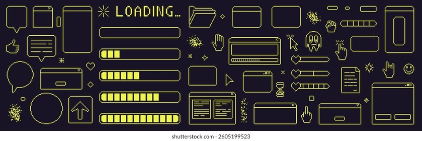 Pixel art retro windows interface. 8 bit text boxes with loading, cursors, arrow. Green stroke console folder. Digital game document in retro 80s style. Vector set illustration.