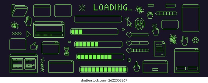 Pixel art retro windows interface. 8 bit text boxes with loading, cursors, arrow. Green stroke console folder. Digital game document in retro 80s style. Vector set illustration.