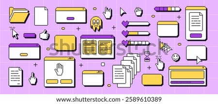 Pixel art retro windows interface. 8 bit browser and popup elements with pointers cursors, arrow and sparkles. Pixel screens in retro 90s style. Ui message borders figures. Vector set illustration.