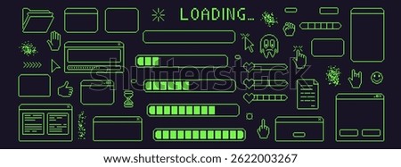 Pixel art retro windows interface. 8 bit text boxes with loading, cursors, arrow. Green stroke console folder. Digital game document in retro 80s style. Vector set illustration.
