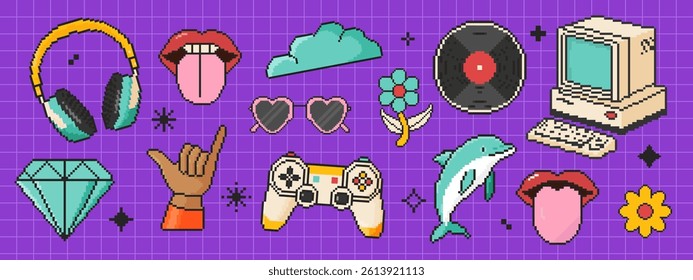 Pixel art retro y2k elements icon set in 8 bit style. Retro 80s,90s video game graphics. Headphones, lips, cloud, vinyl record, old computer
