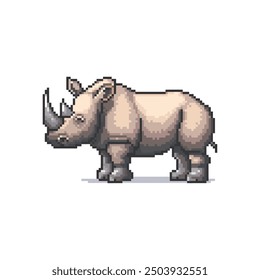 Pixel Art Rhinoceros with Large Horns. Vector illustration design.