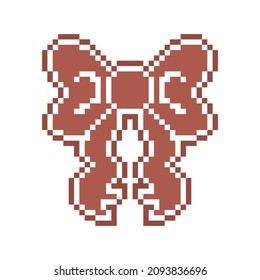 Pixel art ribbon bow shape gingerbread cookie decorated with white sugar icing, 8 bit food icon isolated on white background. Frosted chocolate biscuit. Christmas dessert. Winter holiday pastry.