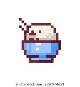 Pixel Art Rice Bowl. Retro 8 bit Style Popular Asian Food Illustration. Rice in Plate with Chopsticks. Ideal for Sticker, Retro Decorative Element, Game Asset, Emoji, Patch, Avatar.	