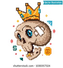 Pixel Art - Rich SWAG Skeleton. Pixel Editable Image. Element Of Advertising, Banner, Poster, Rap Album Cover. Skull In Gold Crown. Bitcoin, Crypto Currency. Isolated Vector Image On White Background