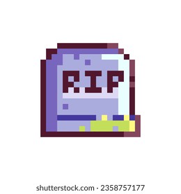 Pixel Art Rip Tomb. Retro 8bit Style Halloween Decor Grave Tombstone Illustration. Ideal for Sticker, Retro Decorative Video Game Element, Game Asset, Emoji, Avatar or Cute Geek Patch.	