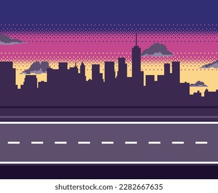 Pixel art road with city silhouette, clouds. Sunset or sunrise gradient background. Background for racing.