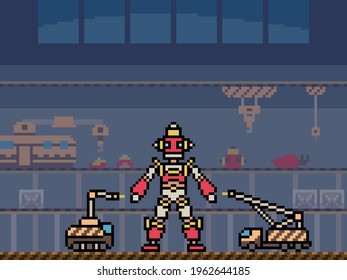 Pixel Art Of Robot Building Factory