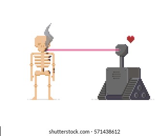 Pixel art robot burning a skeleton with a laser