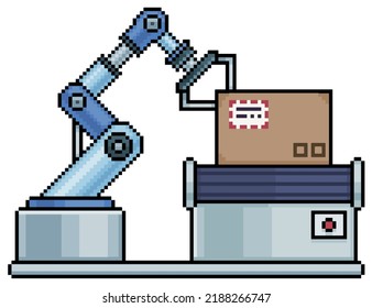 
Pixel art robot and industrial treadmill. Robotic hand machine  vector icon for 8bit game on white background