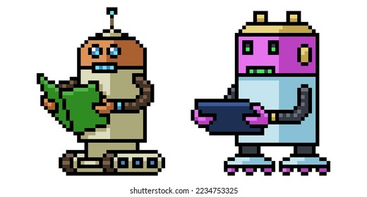 pixel art of robot read book