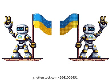 Pixel art robot with yellow and blue accents holding the Ukrainian flag and making a peace sign	