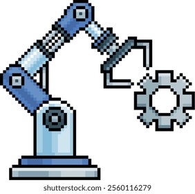 Pixel art of a robotic arm with gear in 8-bit style on white background