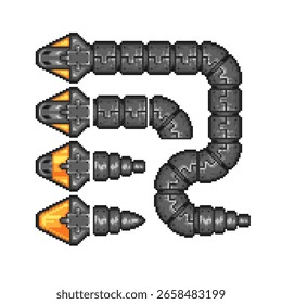 Pixel art robotic snake or segmented drill creature with modular metal body parts and glowing orange tips. Includes various segments and turns for animation or game design.