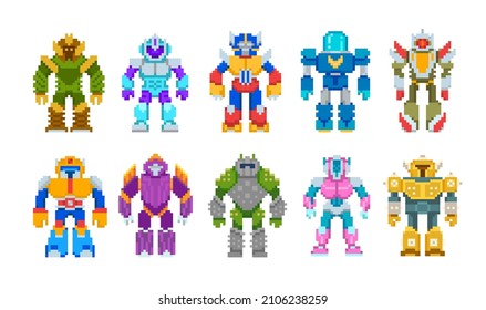 Robots de arte de píxeles y vector de superhéroes de 8 bits sobre fondo blanco para diseño de juegos retro