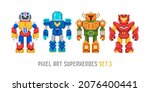 Pixel art robots icons and 8-bit superheroes isolated vector set 3. Retro video game style cartoon invaders monsters and mutants characters design. Pixelated colorful robot toy collection