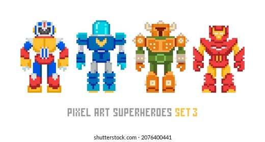 Los iconos de los robots de arte píxeles y los superhéroes de 8 bits aislados de vectores 3. Caricatura estilo videojuego retro invade el diseño de los monstruos y mutantes. Colección de juguetes robots coloridos y en píxeles