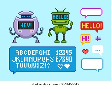 Pixel art robots icons with type font, speech bubble vector collection. Cartoon robots avatars and alphabet in 8-bit retro game style. Cute pixel robot assistant mascot and characters design