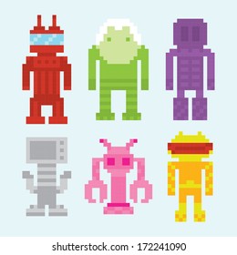 Pixel art robots isolated vector set