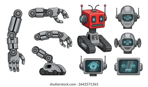 Pixel Art Robots Set Illustration Mechanical Components and Electronic Devices for Science Fiction