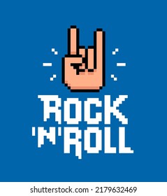 Pixel Art Rock sign gesture vector lettering on blue background. Geek style Pixelated Rock n roll design with pixel style hand. Pixel graphics Rock symbol or icon for print design