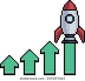 Pixel art of rocket with bar graph and green arrows in 8-bit style on white background