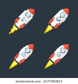 Pixel art rocket with fiery trails, retro games, space-themed designs, apps, or animations. 8-bit style for technology, sci-fi, and futuristic creative projects. Vector illustration