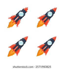 Pixel art rocket with fiery trails, retro games, space-themed designs, apps, or animations. 8-bit style for technology, sci-fi, and futuristic creative projects. Vector illustration