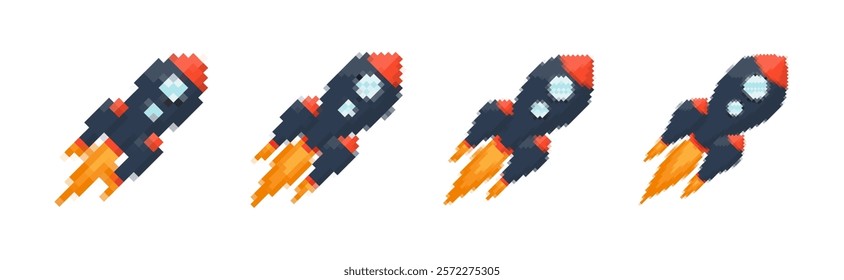 Pixel art rocket with fiery trails, retro games, space-themed designs, apps, or animations. 8-bit style for technology, sci-fi, and futuristic creative projects. Vector illustration