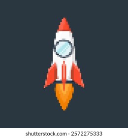 Pixel art rocket with fiery trails, retro games, space-themed designs, apps, or animations. 8-bit style for technology, sci-fi, and futuristic creative projects. Vector illustration