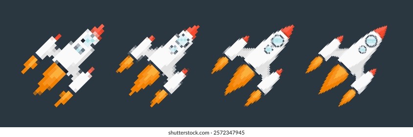 Pixel art rocket with fiery trails, retro games, space-themed designs, apps, or animations. 8-bit style for technology, sci-fi, and futuristic creative projects. Vector illustration