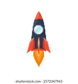 Pixel art rocket with fiery trails, retro games, space-themed designs, apps, or animations. 8-bit style for technology, sci-fi, and futuristic creative projects. Vector illustration