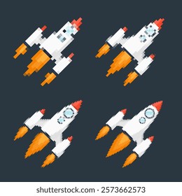 Pixel art rocket with fiery trails, retro games, space-themed designs, apps, or animations. 8-bit style for technology, sci-fi, and futuristic creative projects. Vector illustration